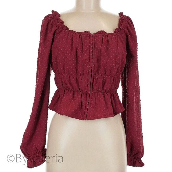 And Now This Tops - Milkmaid Swiss Dots M Burgundy Smocked Balloon Top Boho Fairy Cottage NWT